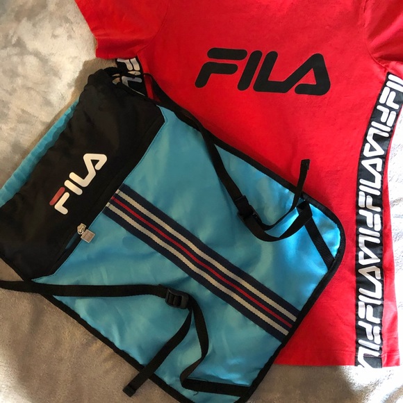 FILA Adjustable Drawstring Backpack Nylon Blue Zip - Picture 15 of 16